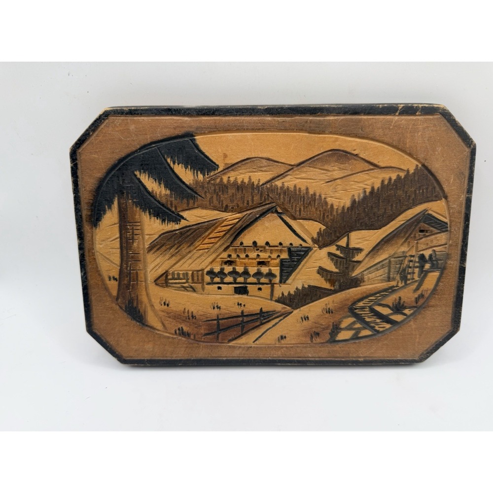 Wood Carved Mountain Village Scene Wall Plaque